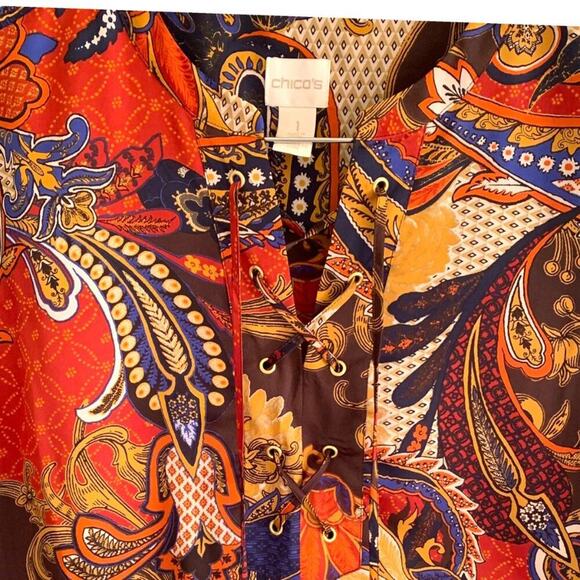 Chico's Women's Top Sz S Paisley Peasant  Lace Up Asymmetrical  Orange Brown - Picture 8 of 12